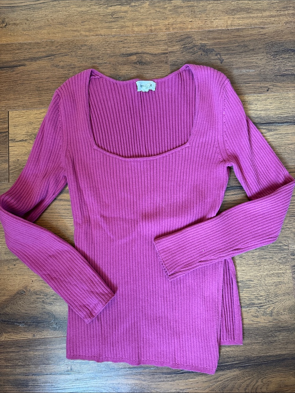 Ribbed Square-Neck Long Sleeve Top - Pink